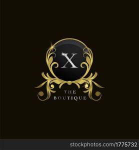 X Letter Golden Circle Shield Luxury Boutique Logo, vector design concept for initial, luxury business, hotel, wedding service, boutique, decoration and more brands.