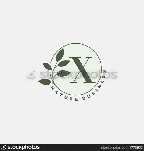 X Letter Logo Circle Nature Leaf, vector logo design concept botanical floral leaf with initial letter logo icon for nature business.