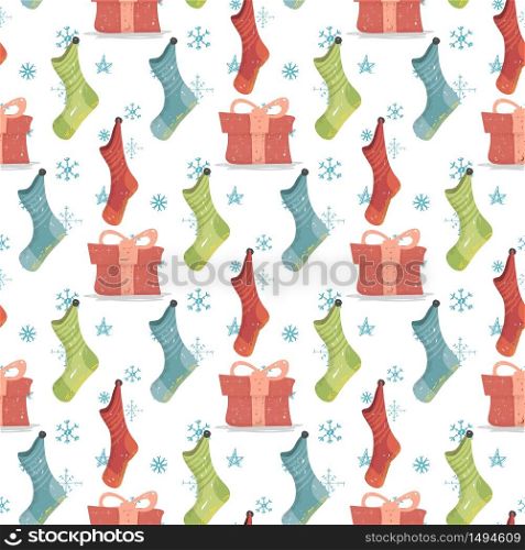 X-Mas and New Year Background with Christmas Stockings, Gift Boxes and Snowflakes on White Background. Seamless Pattern for Winter Holiday Design, Wrapping Paper. Cartoon Flat Vector Illustration. X-Mas and New Year Background Christmas Stockings