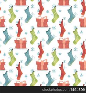 X-Mas and New Year Background with Christmas Stockings, Gift Boxes and Snowflakes on White Background. Seamless Pattern for Winter Holiday Design, Wrapping Paper. Cartoon Flat Vector Illustration. X-Mas and New Year Background Christmas Stockings