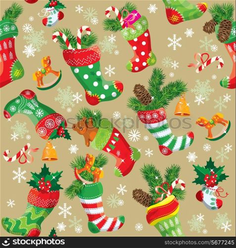 X-mas and New Year background with Christmas stockings. Seamless pattern for holiday design.