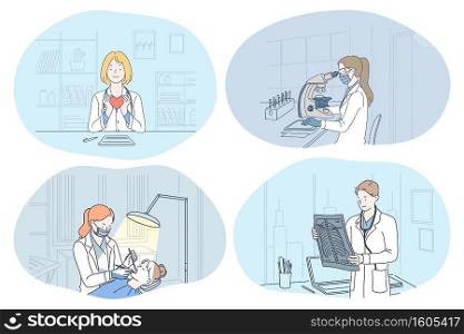 X-ray in medicine, dentistry, laboratory, surgery concept. People doctors holding x-ray image of spine, making shot of teeth, working in lab and holding heart as symbol of health in medical clinic . X-ray in medicine, dentistry, laboratory, surgery concept