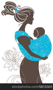 &#x9;Beautiful mother silhouette with baby in a sling