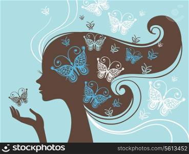 &#x9;Beautiful woman silhouette with butterfly