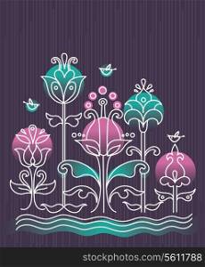 &#x9;Cartoon background with flowers and birds