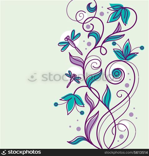 &#x9;Floral background with cartoon dragonflies