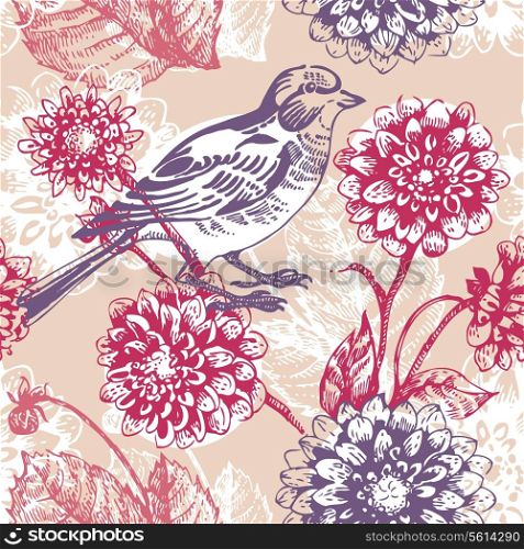 &#x9;Floral seamless pattern with bird