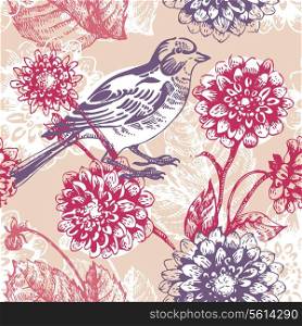 &#x9;Floral seamless pattern with bird