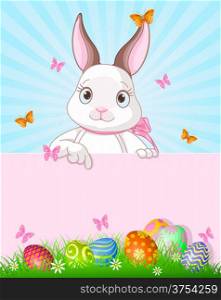 &#xA;Cute cartoon bunny peeking round from behind a sign and pointing down&#xA;