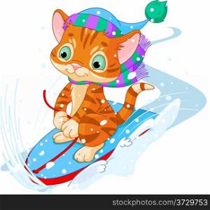 &#xA;Cute kitten sledding downhill winter snow mountain