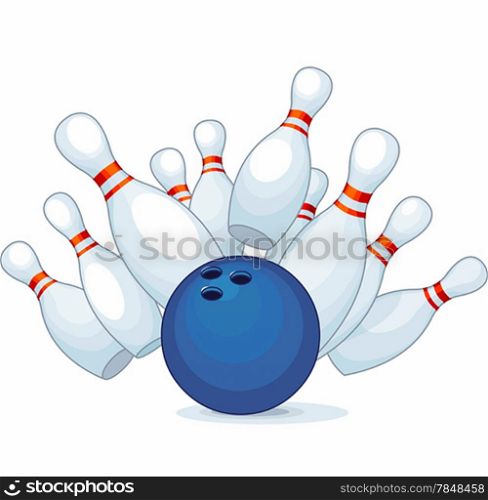 &#xA; Illustration of a bowling ball strike with falling pins.