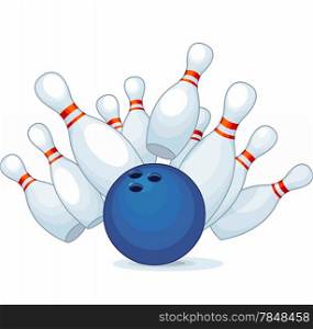 &#xA; Illustration of a bowling ball strike with falling pins.