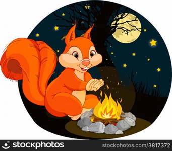 &#xA;Illustration of funny squirrel warms his hands near a campfire