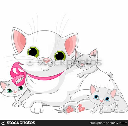 &#xA;Illustration of white Cats family - mother with kittens
