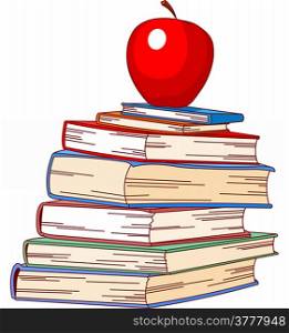 &#xA;Pile book and red apple illustration, isolated on white background