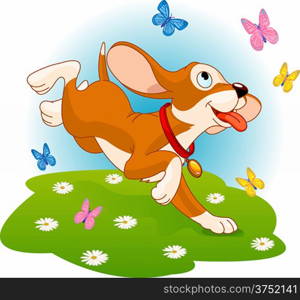 &#xA;The cute fun puppy tries to catch the butterfly on the meadow