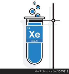 Xenon symbol on label in a blue test tube with holder. Element number 54 of the Periodic Table of the Elements - Chemistry