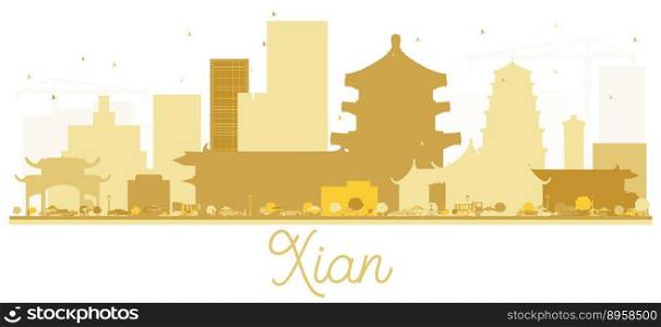 Xian China City skyline golden silhouette. Vector illustration. Simple flat concept for tourism presentation, banner, placard or web site. Xian Cityscape with landmarks.
