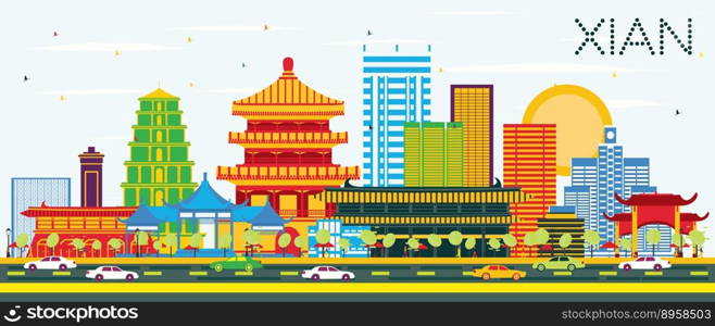 Xian China Skyline with Color Buildings and Blue Sky. Vector Illustration. Business Travel and Tourism Concept with Historic Architecture. Xian Cityscape with Landmarks.