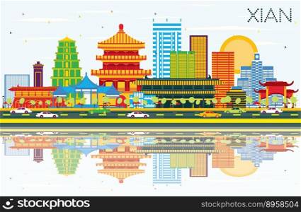 Xian China Skyline with Color Buildings, Blue Sky and Reflections. Vector Illustration. Business Travel and Tourism Concept with Historic Architecture. Xian Cityscape with Landmarks.