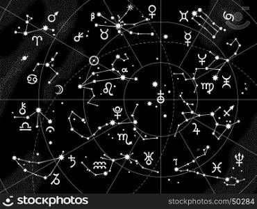 XII Constellations of Zodiac and Its Planets the Sovereigns. Astrological Celestial Chart. (This JPEG-file has a EPS-10 copy in my portfolio).. XII Constellations of Zodiac