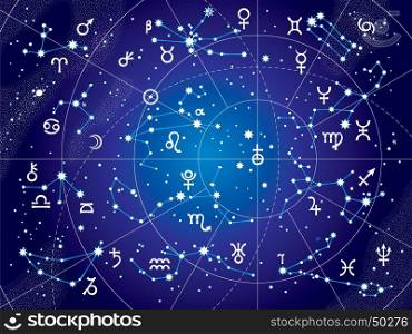 XII Constellations of Zodiac and Its Planets the Sovereigns. Astrological Celestial Chart. (Ultraviolet Blueprint version).. XII Constellations of Zodiac (Ultraviolet Blueprint version)