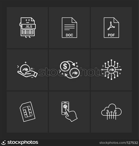 xls , doc , pdf , dollar ,chip , sim , cloud , mobile ,icon, vector, design,  flat,  collection, style, creative,  icons