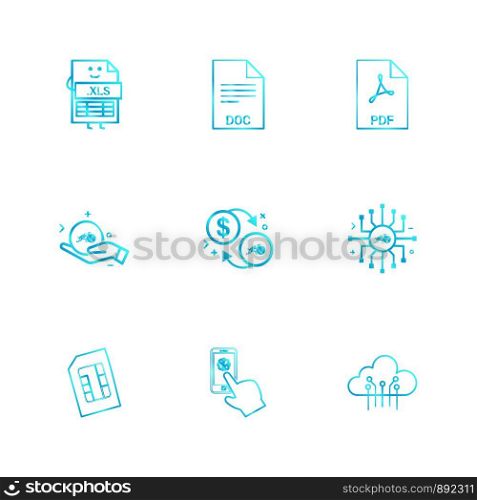 xls , doc , pdf , dollar ,chip , sim , cloud , mobile ,icon, vector, design, flat, collection, style, creative, icons