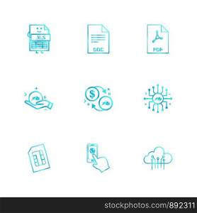 xls , doc , pdf , dollar ,chip , sim , cloud , mobile ,icon, vector, design, flat, collection, style, creative, icons