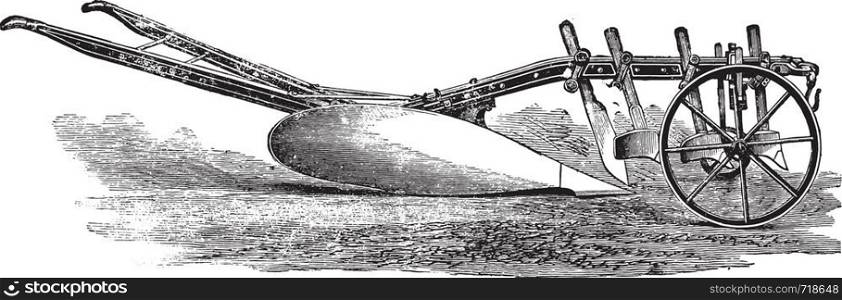 XLU plow, J Cooke for deep plowing in tough ground, vintage engraved illustration. Industrial encyclopedia E.-O. Lami - 1875.