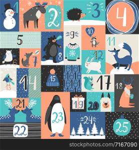 Xmas advent calendar. Christmas days calendar countdown with winter with new years symbols, cute animals and numbers vector illustration. Xmas advent calendar