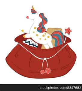 Xmas and new year presents for children, isolated sack with pony with colorful horn. Unicorn and boxes with gifts for kids. Christmas winter holidays celebration and preparation. Vector in flat style. Sack with presents for children on new year xmas