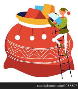 Xmas character elf wearing traditional costume standing on ladder checking presents and gifts for winter holiday. Merry christmas and new year celebration and greetings. Vector in flat style. Christmas elf checking presents in bag for xmas