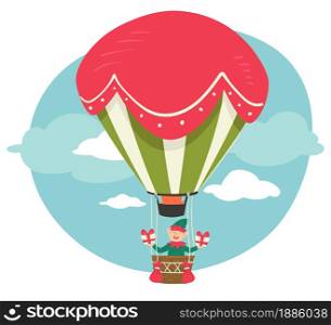 Xmas character flying in hot air balloon holding presents for christmas. Vintage airship with decoration. Winter holidays celebration and greetings, Elf or leprechaun with gifts, vector in flat. Elf with presents for Christmas, hot air balloon