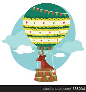 Xmas character in hot air balloon, christmas reindeer in vintage air transport. Winter holidays celebration and greetings, seasonal events. Freedom and recreation in wintertime, vector in flat. Christmas reindeer flying in hot air balloon vector