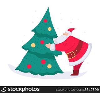 Xmas character preparing for winter holiday celebration, isolated Santa Claus decorating Christmas tree with baubles and toys. Elderly man in costume and long beard celebrating. Vector in flat. Santa Claus decorating Christmas tree for holiday