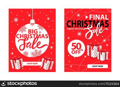 Xmas clearance cover design vector on red. Christmas final sale holiday discount with wrapped gift boxes. 50 percent off, half price discount poster,. Christmas Final Sale Holiday Discount Wrapped Gift