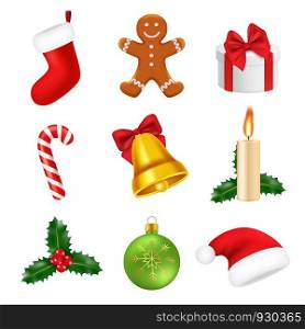 Xmas decorations realistic. 2019 new year 3d symbols sweets green tree gifts snowflakes santa vector icons isolated. Illustration of christmas or new year candle and gift box, gingerbread and handbell. Xmas decorations realistic. 2019 new year 3d symbols sweets green tree gifts snowflakes santa vector icons isolated