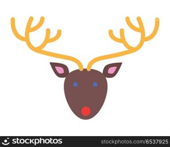 Xmas Deer. Head and Horns. Simple Cartoon Style. Deer head isolated on white background. Brown oval face with blue eyes and red mouth. Yellow long ramified horns. Cartoon style. New Year toy in fat style. Comic illustration in 80s 90s style. Vector