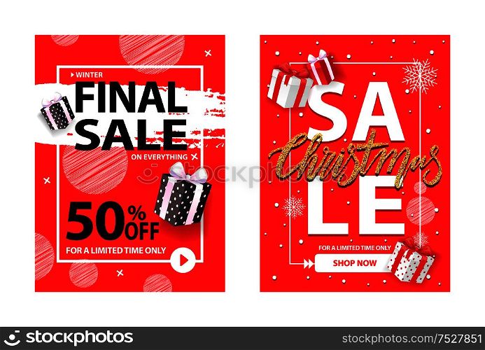 Xmas final sale, cover with info about Xmas and New Year discounts. Christmassuper deal limited time vector brochure design with gift boxes, snowflakes. Christmas Sale for a Limited Time Vector Brochure