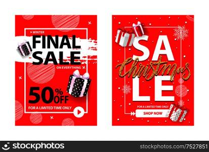 Xmas final sale, cover with info about Xmas and New Year discounts. Christmassuper deal limited time vector brochure design with gift boxes, snowflakes. Christmas Sale for a Limited Time Vector Brochure