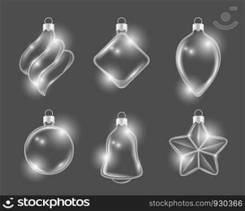 Xmas glass toys. New year balls stars and gifts boules vector 3d realistic pictures. Illustration of christmas glass toys, star and ball form. Xmas glass toys. New year balls stars and gifts boules vector 3d realistic pictures