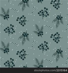 Xmas greenery seamless pattern with green leaves, candy sticks, snow and berries background design.. Xmas greenery seamless pattern with green leaves, candy sticks, snow and berries background design