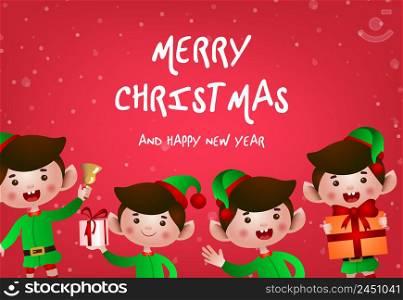 Xmas greeting card design. Cute jolly elves wishing Merry Christmas on red background. Illustration can be used for banners, flyers, posters