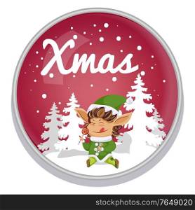 Xmas greeting postcard in round shape decorated by snowflakes. Elf cartoon character eating candy in snowy forest. Christmas holiday card with funny helper sitting with sweet near fir-trees vector. Elf Eating Candy in Forest Round Postcard Vector
