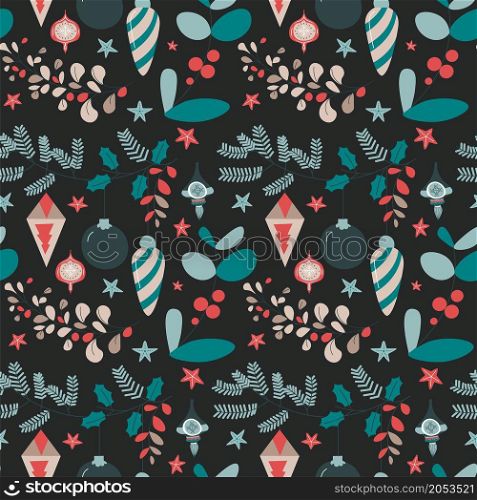 Xmas holiday celebration, pine tree branches decorated with toys and baubles with snowflakes. Leaves and mistletoe branches decor. Seamless pattern, background or print. Vector in flat style. Merry christmas happy new year seamless pattern