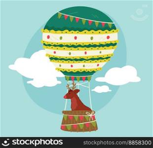Xmas hot air balloon carrying reindeer. Flags and decoration garlands, winter holiday celebration. Flying Christmas character. New Year and winter season fun and activities. Vector in flat style. Christmas balloon with flags, reindeer in carriage