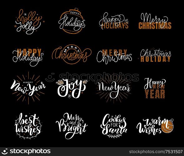 Xmas lettering and cookies for Santa, Joy and happy New Year festive greetings, calligraphic prints with winter season wishes. Merry Christmas postcards. Merry Christmas Fest Greetings Calligraphic Prints