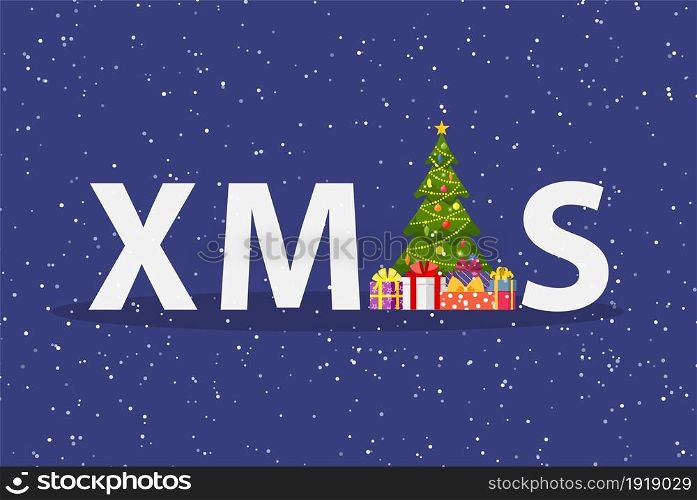 Xmas letters with christmas tree. Merry christmas holiday. New year and xmas celebration Vector illustration in a flat style .. Xmas letters for christmas celebration