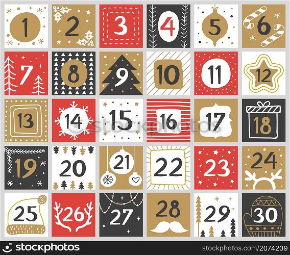 Xmas numbers. Joy funny lettering geometric round forms festive concept calendar numbers recent vector for celebration placards. Christmas number calendar december, countdown to holiday illustration. Xmas numbers. Joy funny lettering geometric round forms festive concept calendar numbers recent vector templates for celebration placards